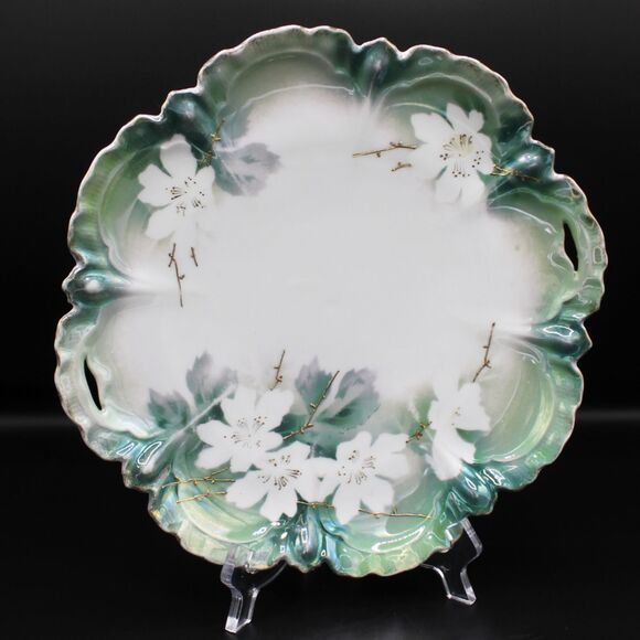 Antique Prussia Porcelain Cake Plate Handles Floral Green Design Gold Accents - Picture 1 of 8